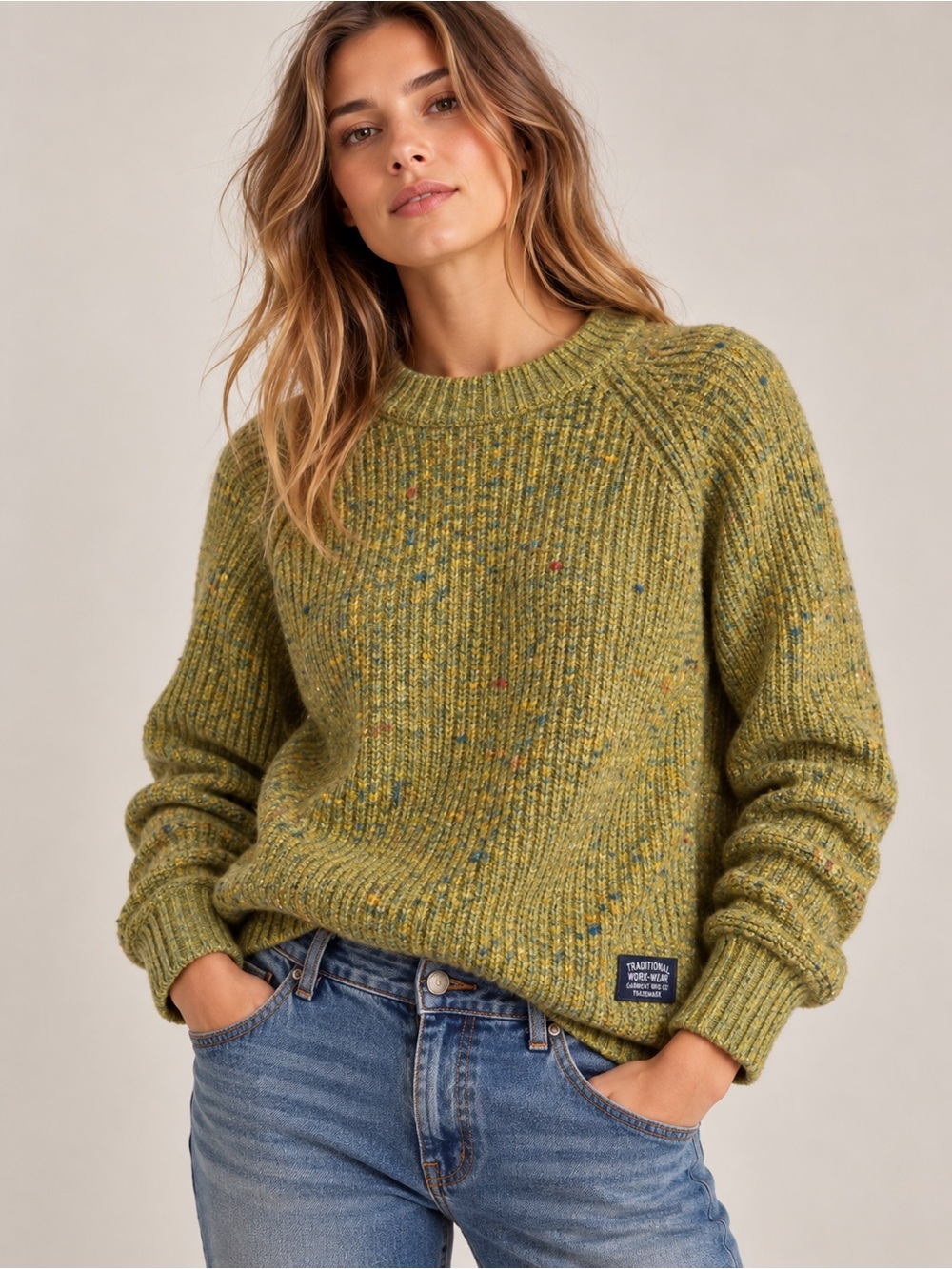 Superdry Traditional Workwear Italian Yarn Wool Blend Donegal Sweater Chartreuse